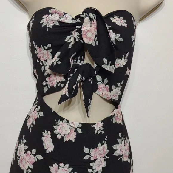 Lulus Dress Black Floral Print Strapless Tie-Front Mini Dark Floral Dress NWT - Picture 7 of 10